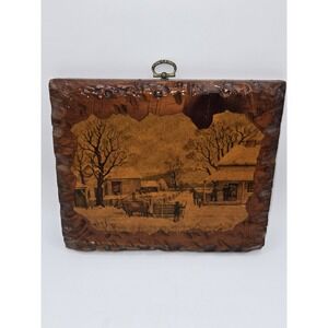 Mid-Century Rustic Wood Wall Plaque Decoupage Print Pastoral Farm Scene 9x7.5"